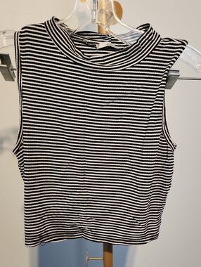 Acemi Black & White Striped Sleeveless Mock Neck Tank